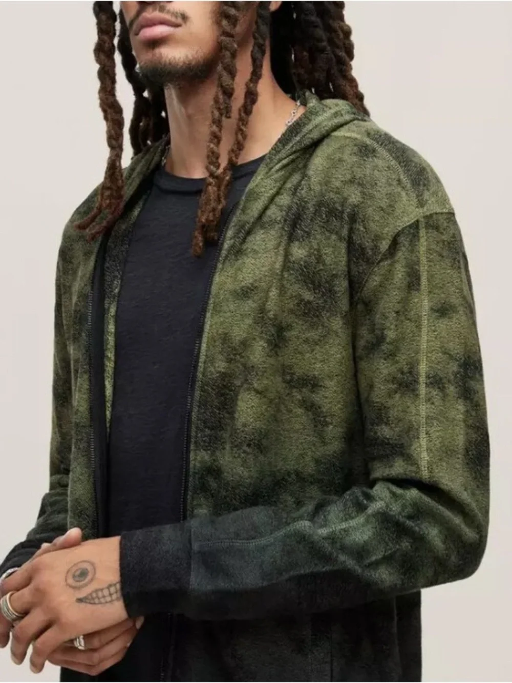John Varvatos Olive Green Zip Hoodie with Mottled Fade